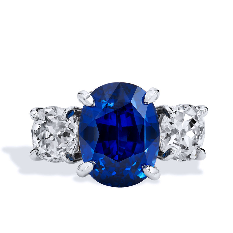 10.16ct Royal Deep Blue Sapphire and Antique Cushion Diamond Ring Rings H&H Jewels