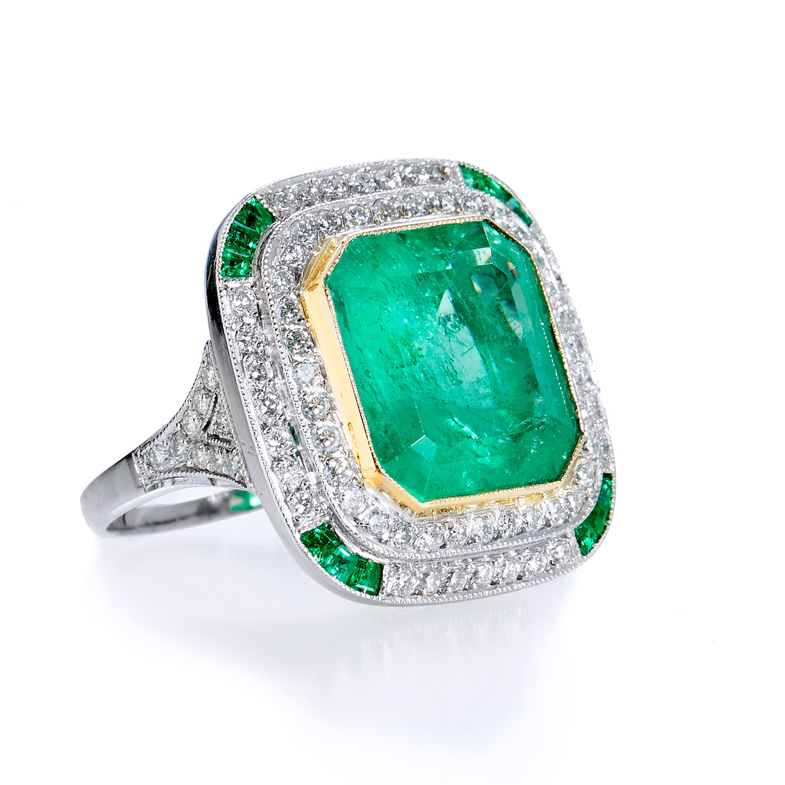 7.44 Carat Colombian Emerald Gold &amp; Platinum Cocktail Ring Rings Estate &amp; Vintage