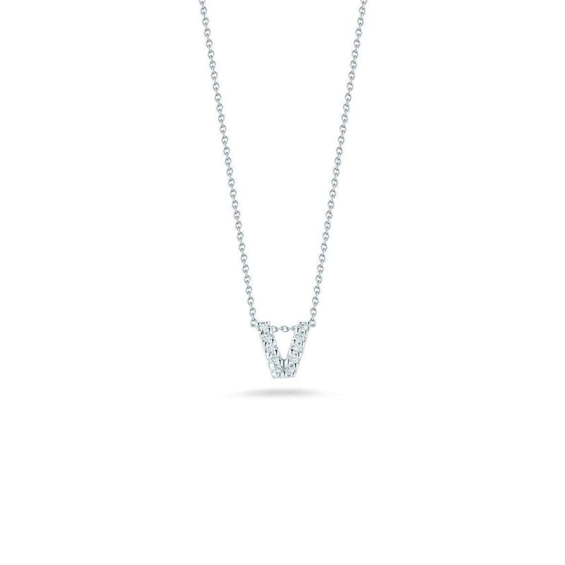18kt White Gold Tiny Treasures Diamond Love Letter "V" Pendant Necklaces Roberto Coin