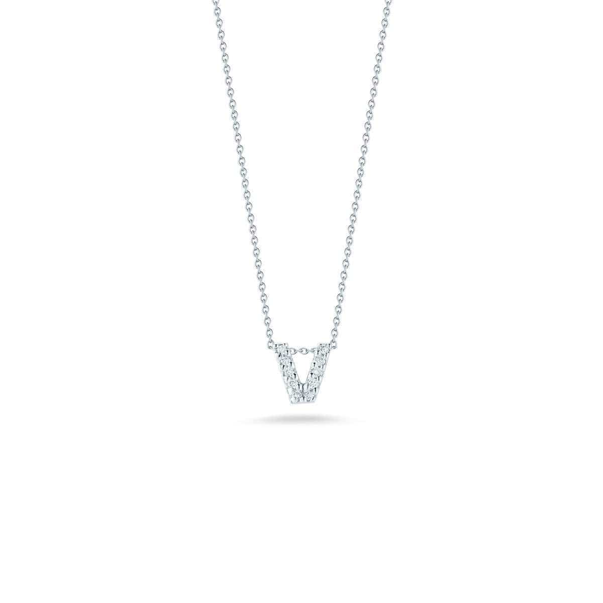 18kt White Gold Tiny Treasures Diamond &quot;V&quot; Love Letter Pendant Necklaces Roberto Coin