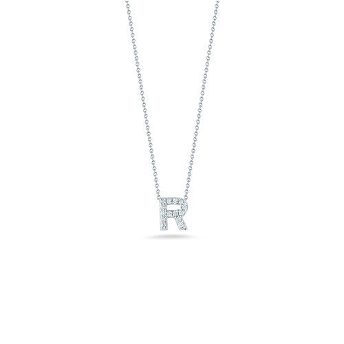 18K White Gold Tiny Treasures Diamond Love Letter "R" Pendant Necklaces Roberto Coin