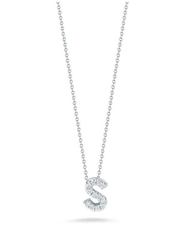 18K White Gold Tiny Treasures Diamond Love Letter "S" Pendant Necklaces Roberto Coin