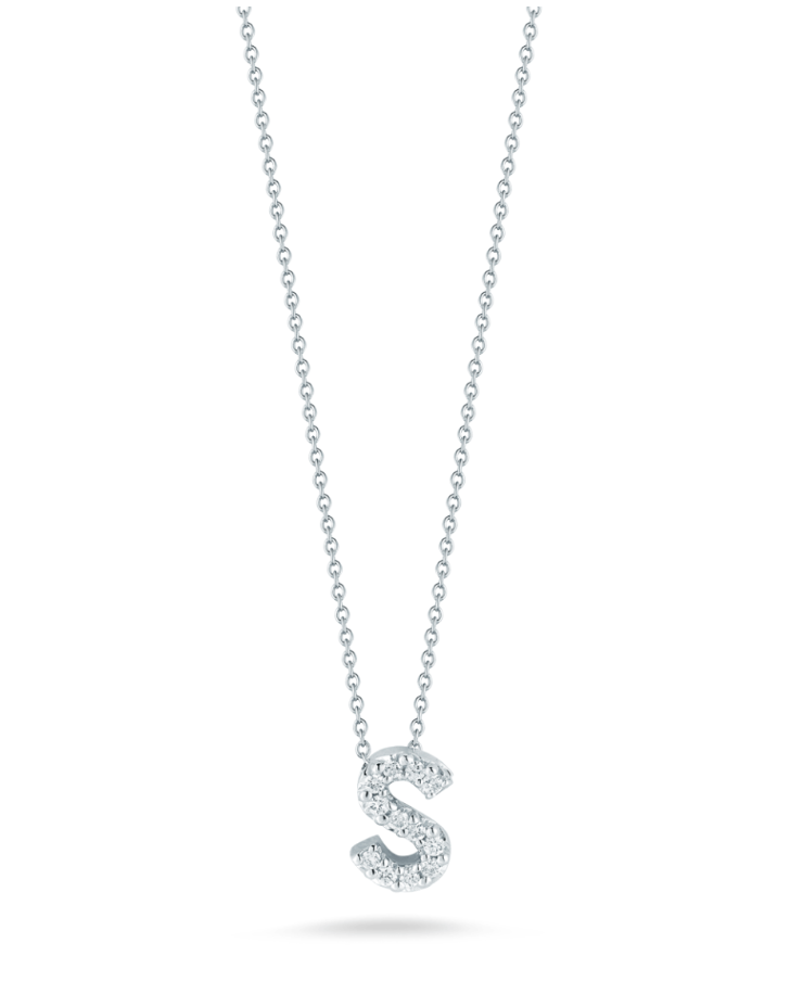18K White Gold Tiny Treasures Diamond Love Letter "S" Pendant Necklaces Roberto Coin
