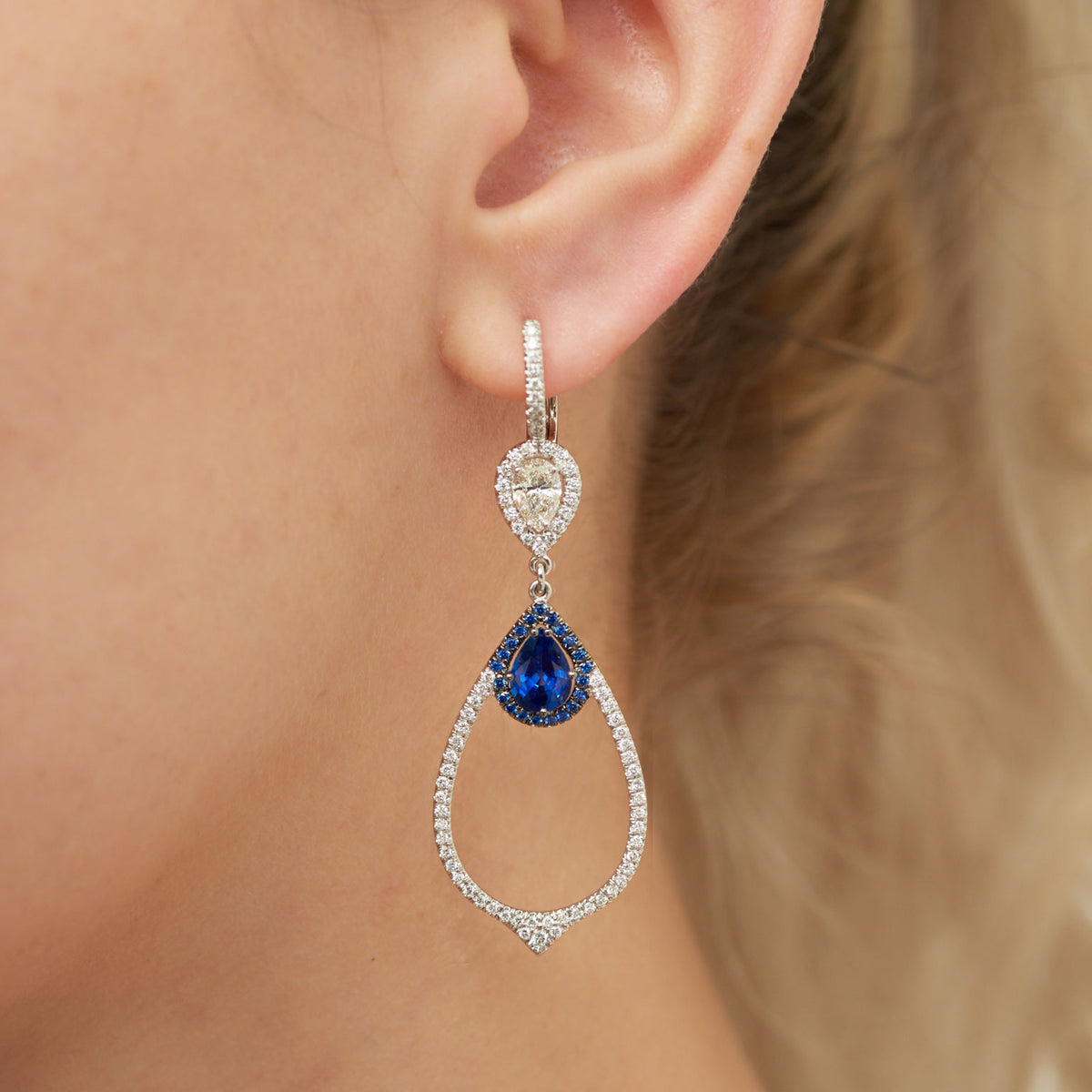 Royal Blue Sapphire and Diamond Drop Earrings - Alternate View 2