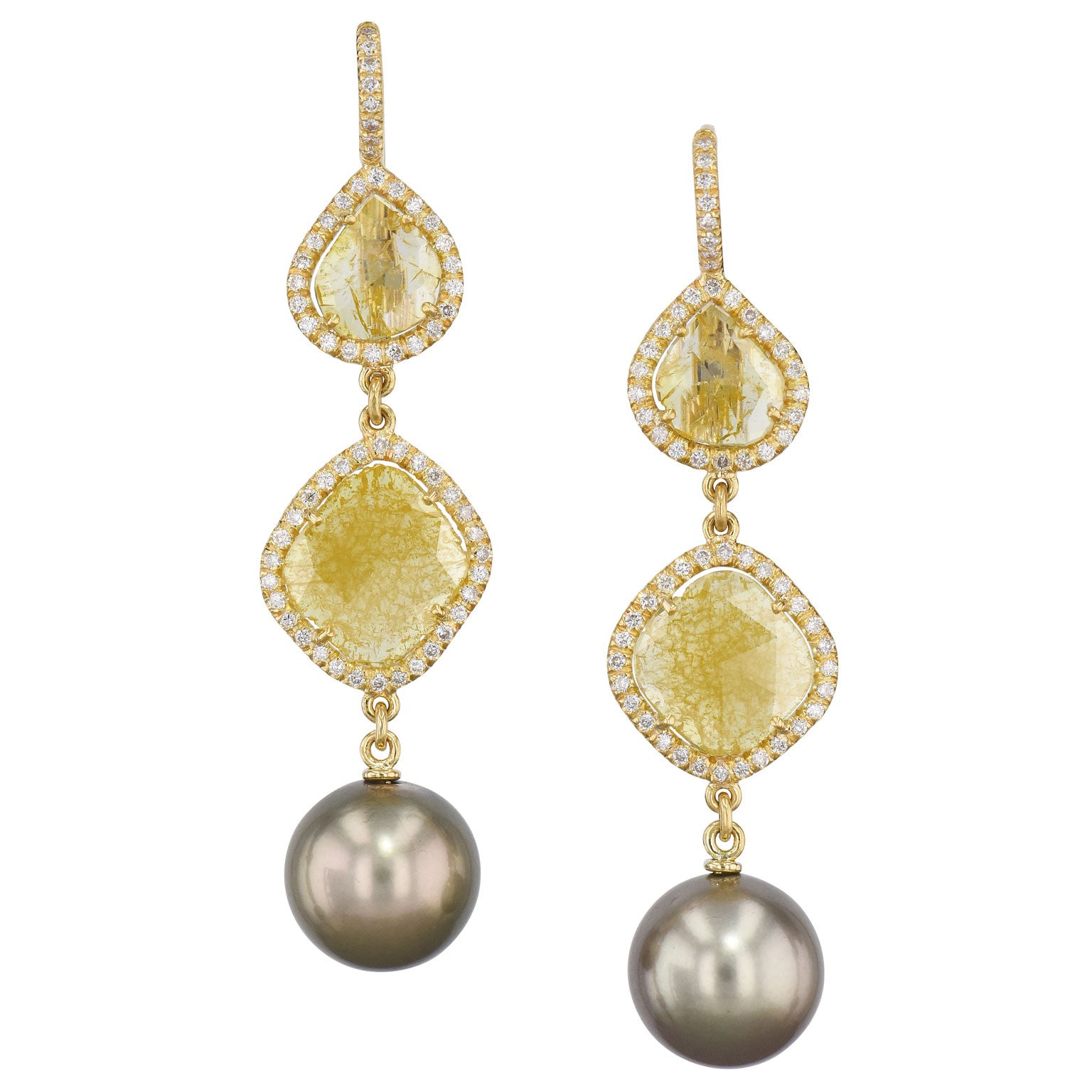 Handmade Yellow Diamond Slice Earrings With Tahitian Pearls Earrings H&amp;H Jewels