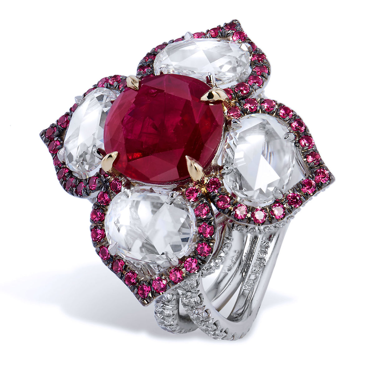 Floral Motif Ruby And Rose Cut Diamond Ring - Alternate View 1