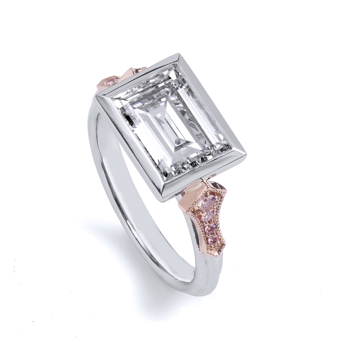 Bezel-Set Emerald Diamond With Pink Pave Diamond Engagement Ring - Alternate View 1