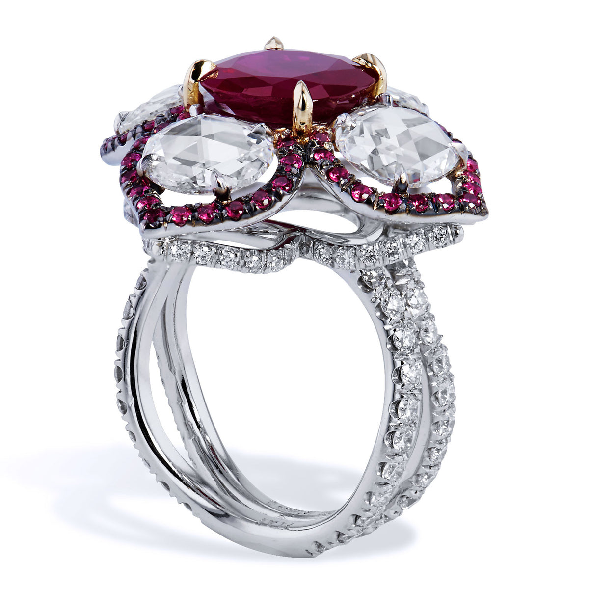 Floral Motif Ruby And Rose Cut Diamond Ring - Alternate View 2