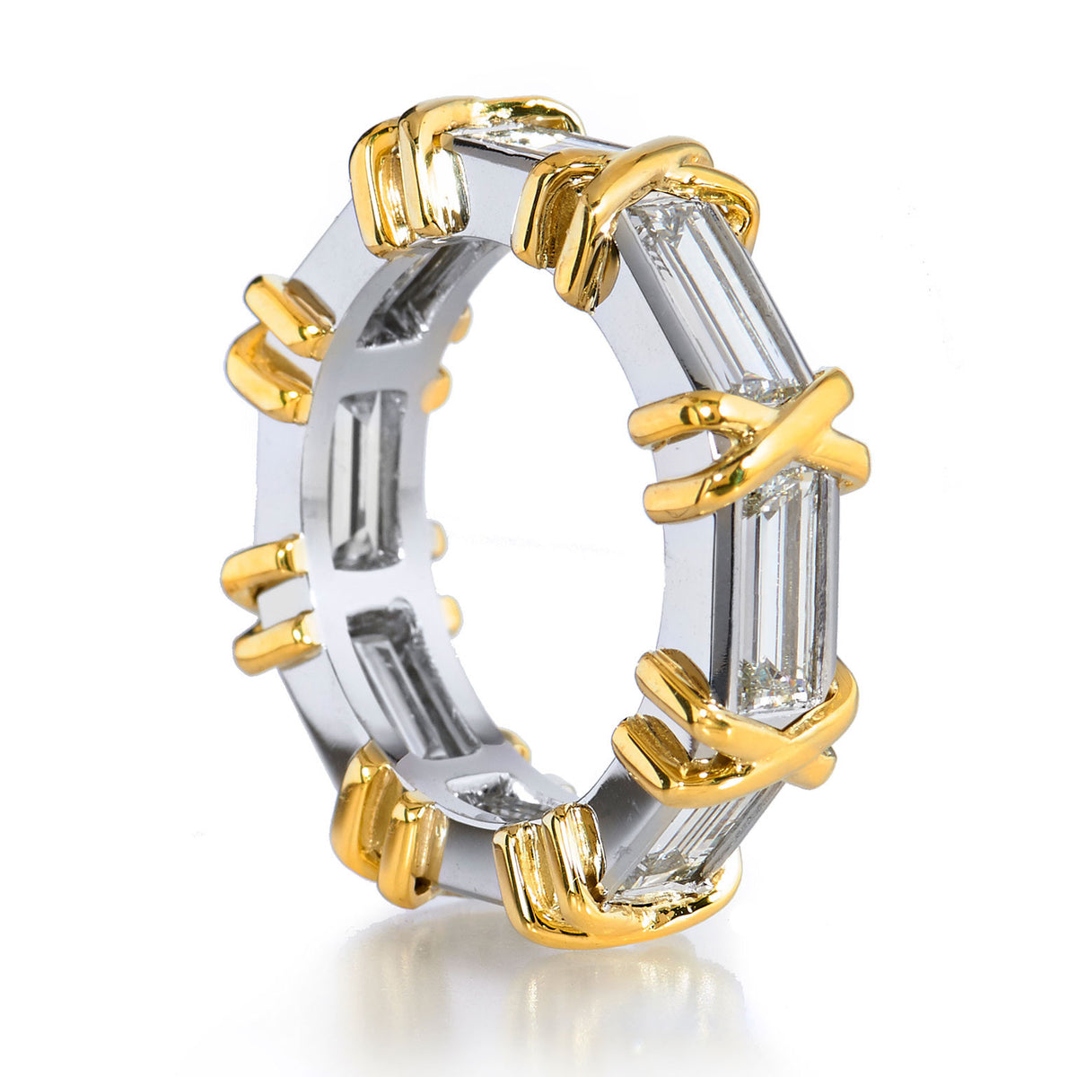 Channel Set Emerald Cut Diamond Band Ring With Yellow Gold Cross Accent - Alternate View 1