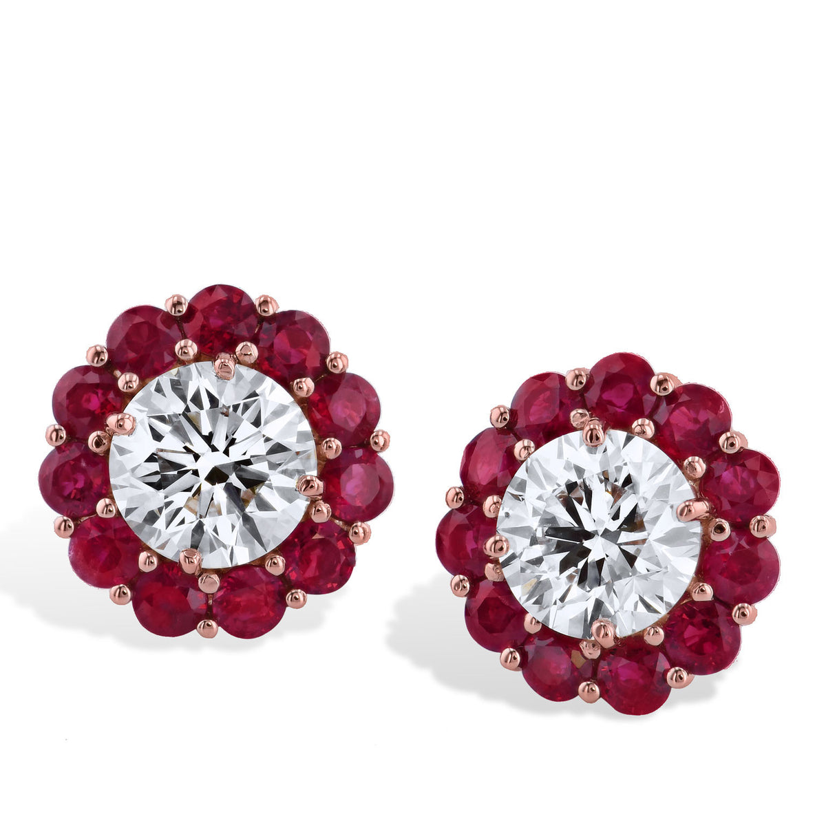 Diamond Stud Earrings With Ruby Halo Earrings H&H Jewels