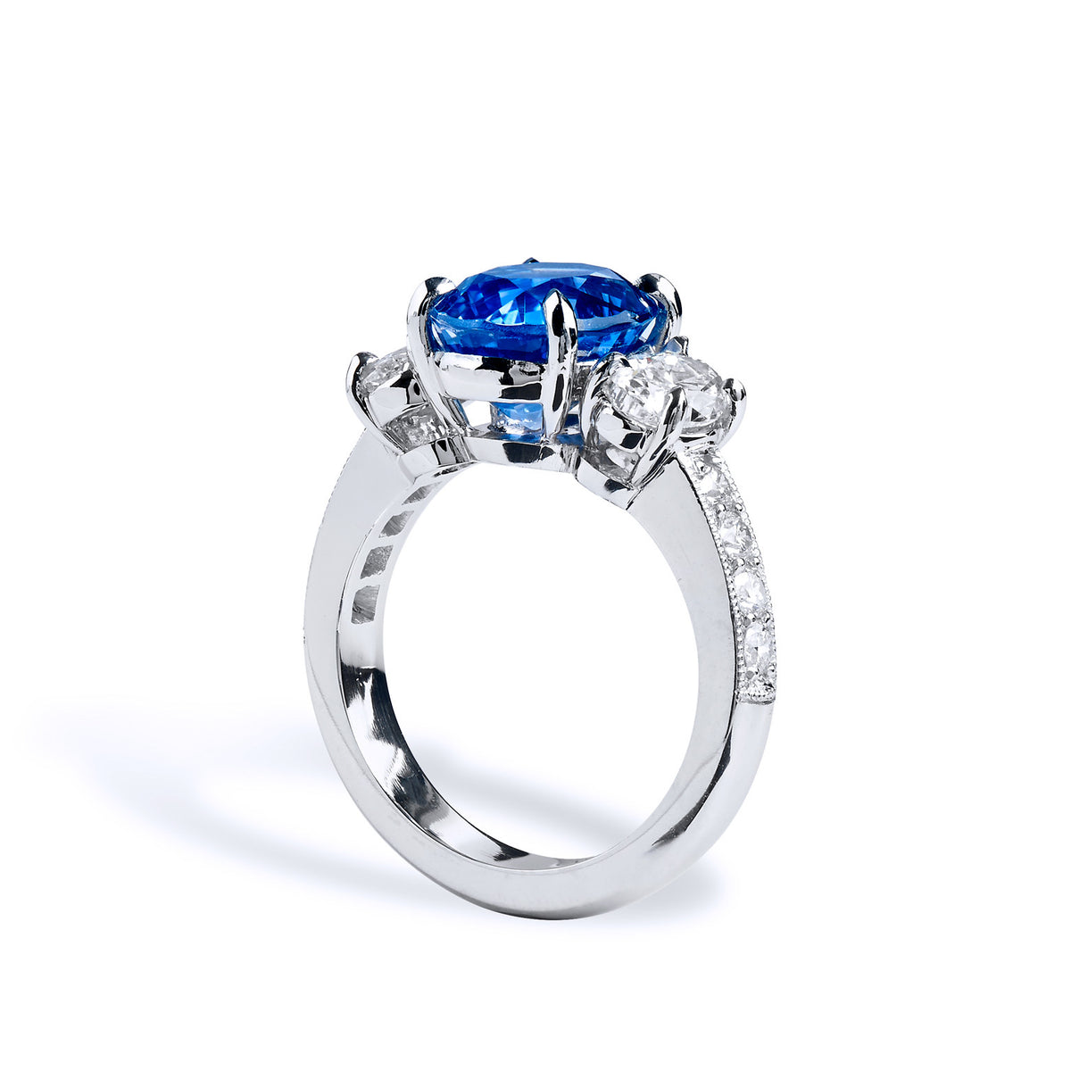 Oval Blue Sapphire With Oval Side Stone Ring - Alternate View 1