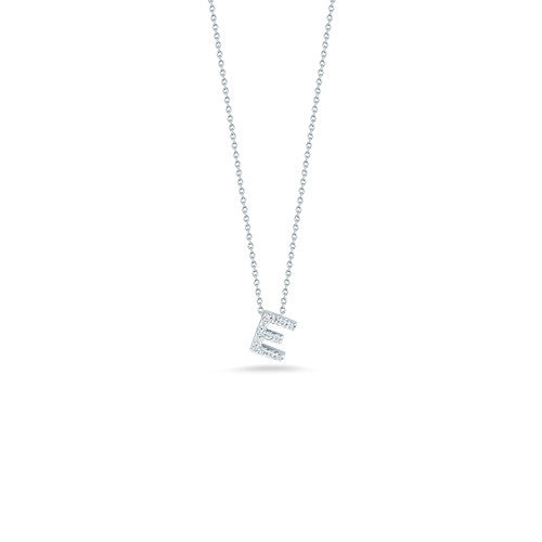 18K White Gold Tiny Treasures Diamond Love Letter "E" Pendant Necklaces Roberto Coin