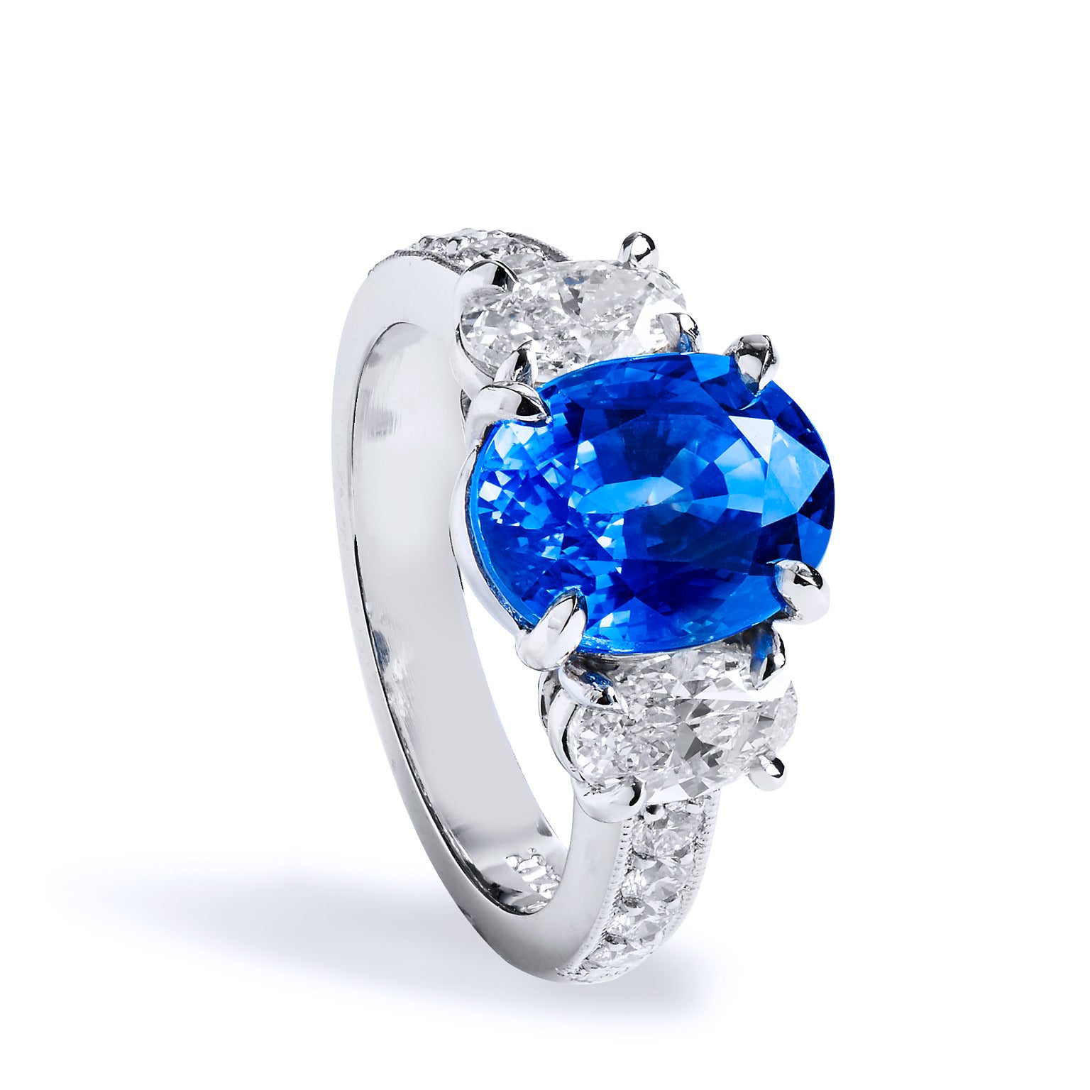 Oval Blue Sapphire With Oval Side Stone Ring Rings H&amp;H Jewels