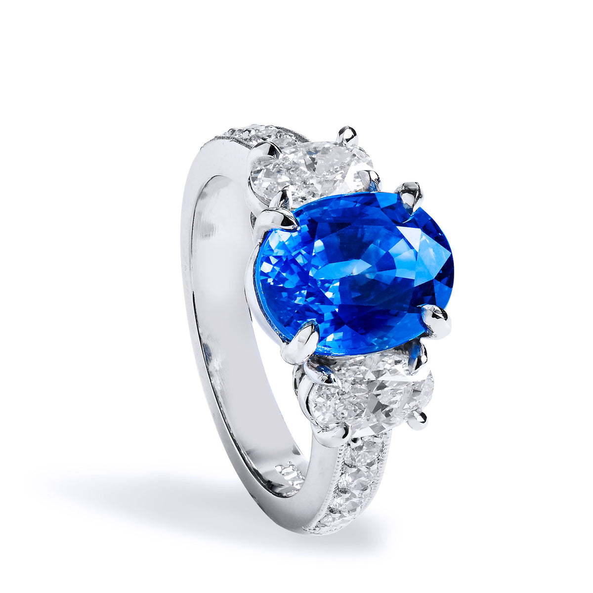 Oval Blue Sapphire With Oval Side Stone Ring - Alternate View 2