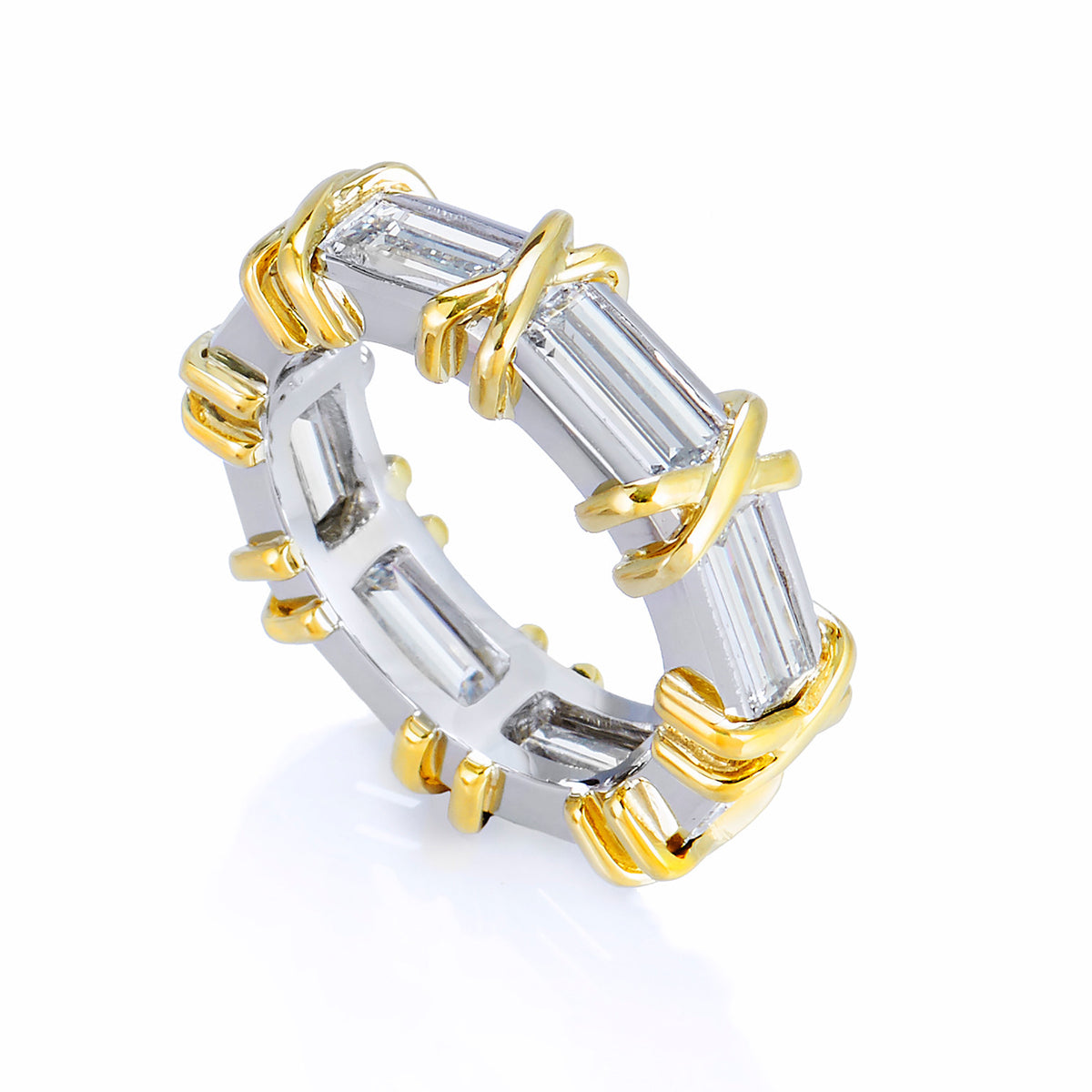 Channel Set Emerald Cut Diamond Band Ring With Yellow Gold Cross Accent - Alternate View 2