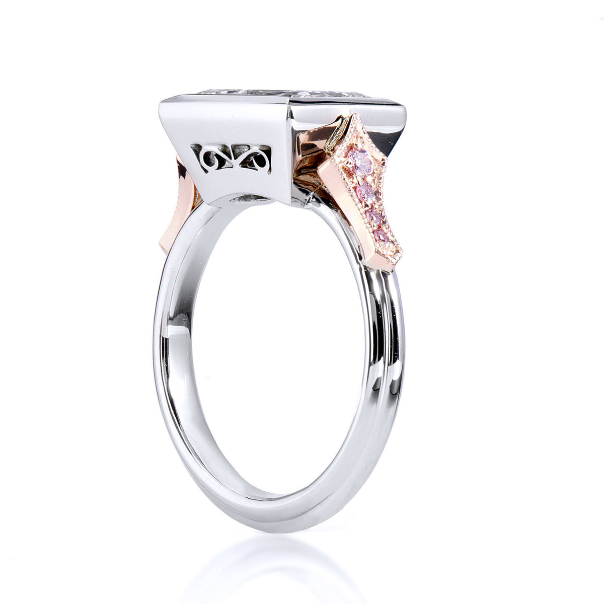Bezel-Set Emerald Diamond With Pink Pave Diamond Engagement Ring - Alternate View 2