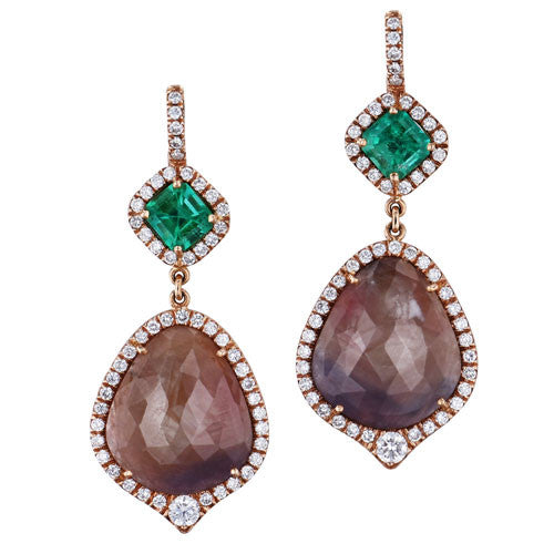 20.00 Carat Light Brown Sapphire And Colombian Emerald Dangle Earrings Earrings H&H Jewels