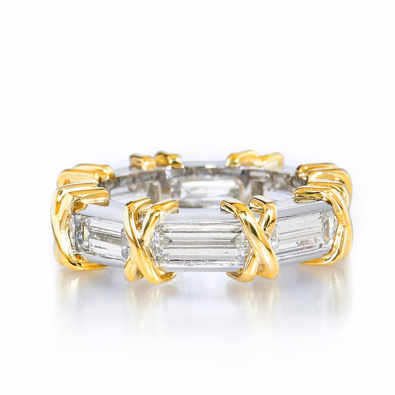 Channel Set Emerald Cut Diamond Band Ring With Yellow Gold Cross Accent Rings H&H Jewels