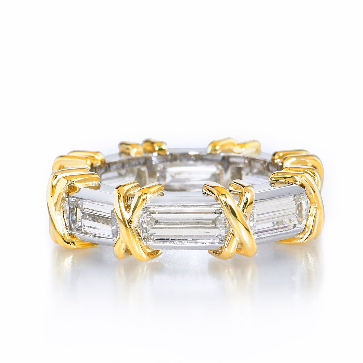 Channel Set Emerald Cut Diamond Band Ring With Yellow Gold Cross Accent Rings H&amp;H Jewels